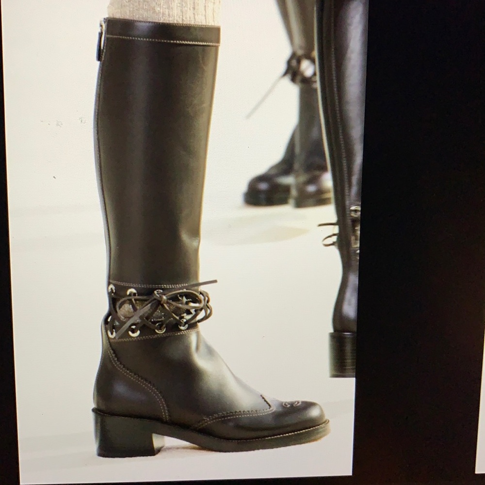 Chanel leather knee-high black boots lace up with CC logo 2016 Fall Collection